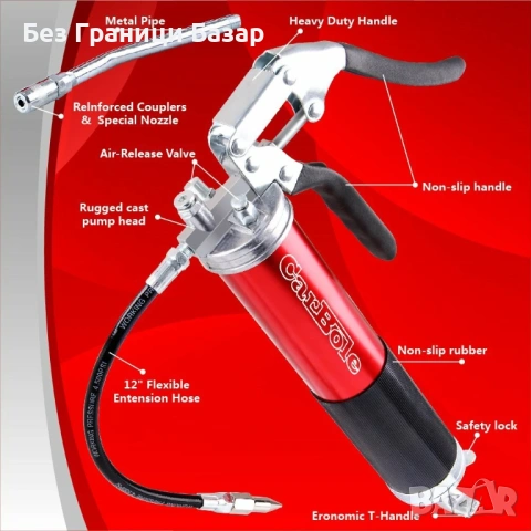 Нов Ръчен грес пистолет 4500 PSI алуминиев корпус + 12" гъвкав маркуч, снимка 3 - Други инструменти - 53735725