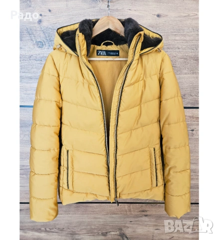 Ново дамско яке ZARA зимно горчица размер XS качулка подплата вата сако палто жълто златисто