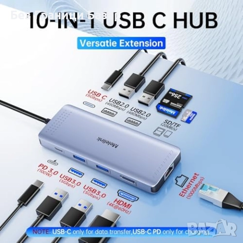 Нов адаптер 10 в 1 Type-C Хъб с HDMI, LAN, USB 3.0, SD/TF за лаптопи, снимка 2 - Друга електроника - 52742005
