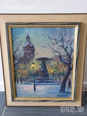 61х53см/абстрактна картина масло върху платно/градски пейзаж-зима-фонтан/дървена рамка