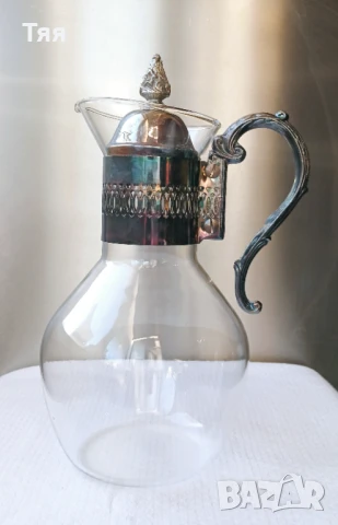 Винтидж стъклена кана с метална дръжка и капак , снимка 3 - Антикварни и старинни предмети - 51244523