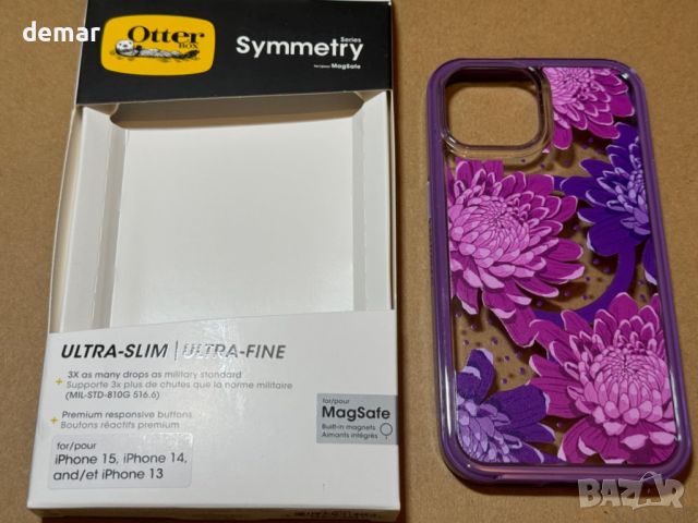 Прозрачен калъф OtterBox Symmetry MagSafe за Apple iPhone 15/14/13, удароустойчив, лилави цветя, снимка 7 - Калъфи, кейсове - 45495860