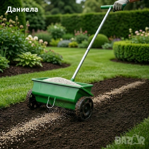 Ръчна градинска сеялка 6L с колела – разпръсквач за семена, торове, пясък и сол 