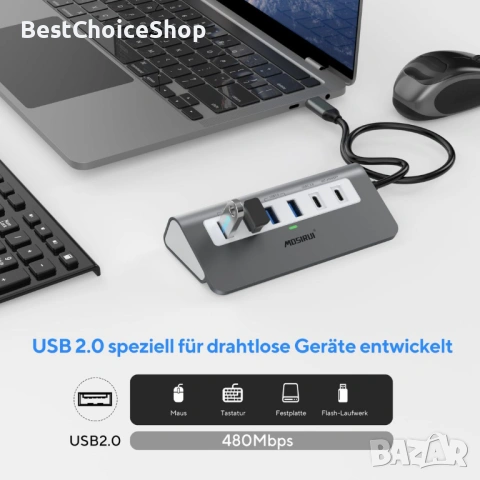 USB C Hub Многопортов адаптер, Mosirui 9-в-1 USB-C докинг станция с 4K HDMI, 5Gbps Type C 3.0, снимка 6 - Кабели и адаптери - 54154839