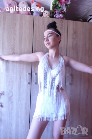 Бяла рокля за спортни танци с ресни и кристали , снимка 10 - Рокли - 46407396