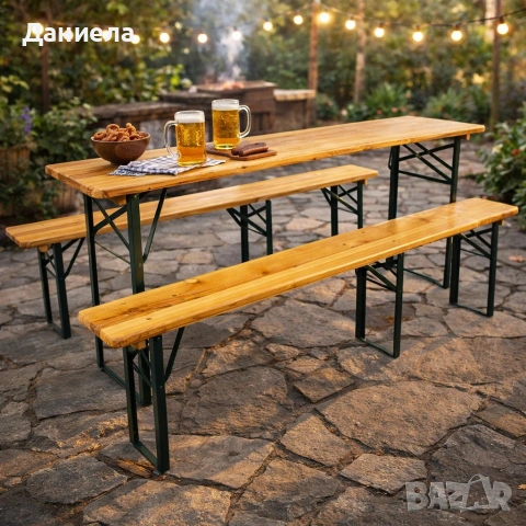 Сгъваем комплект градинска маса с 2 пейки - От чамово дърво, с отвор за чадър, снимка 2 - Маси - 53499303