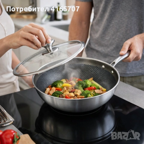 Уок тиган с капак Goldmann Fusionhex Pro GM 1128-28WK, 28x8.5 см., Незалепващо Покритие, Неръждаема , снимка 4 - Съдове за готвене - 53529473