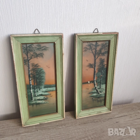 Стари малки картини „Езерен пейзаж“, рисувани върху стъкло
