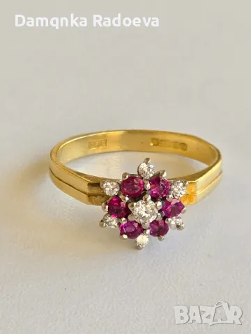 Златен пръстен с Диаманти и Рубини 18 карата,проба 750, снимка 3 - Пръстени - 47890971