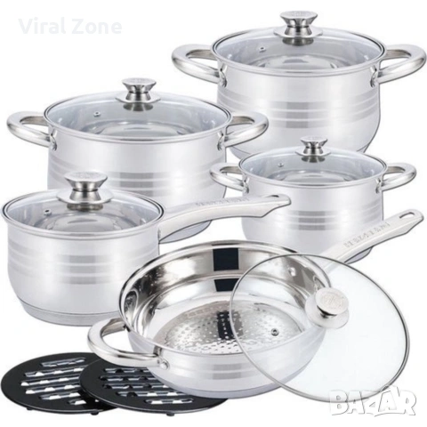 Комплект съдове за готвене 12 части Cheffinger, с индукционно дъно и стъклени капаци , снимка 6 - Съдове за готвене - 53207412
