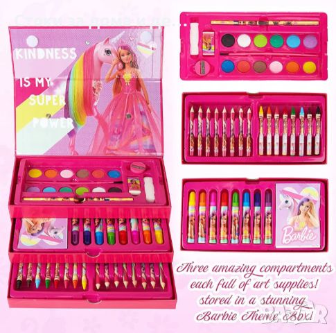 ✨Детски рисувателен комплект в триетажно куфарче  Barbie , снимка 2 - Рисуване и оцветяване - 45853313