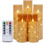 IMAGE Трептящи безпламъчни свещи за декор,работещи с батерии, акрилни 3D LED с таймер, 5 броя, злато, снимка 1 - Декорация за дома - 45994727