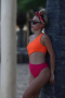 Дамски цял бански костюм в оранжево и циклама, снимка 1 - Бански костюми - 45008191