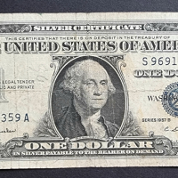 Банкнота 3 . САЩ. Долар . 1 долар . Син печат . 1957 В година., снимка 1 - Нумизматика и бонистика - 44967826