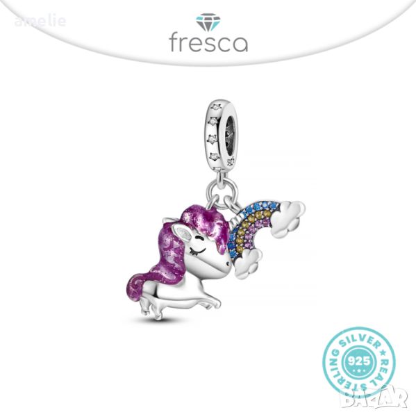 Final SALE! Разпродажба! Талисман Fresca по модел тип Pandora сребро 925 Purple Rainbow Unicorn, снимка 1