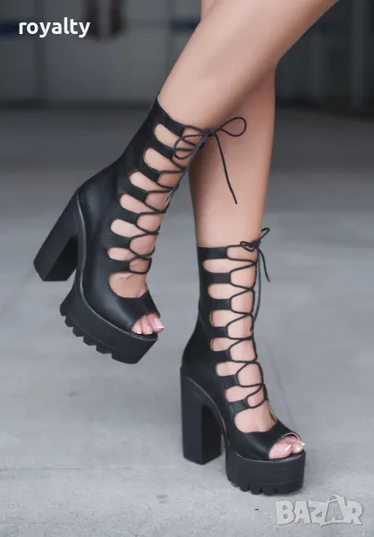 Летни боти на ток - черна кожа, снимка 1