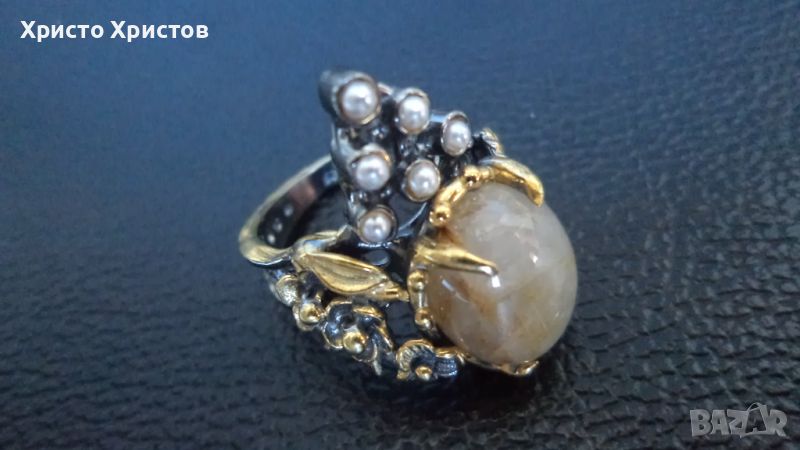 Сребърен грандиозен бутикав пръстен авторски уникат с косите на венера, снимка 1