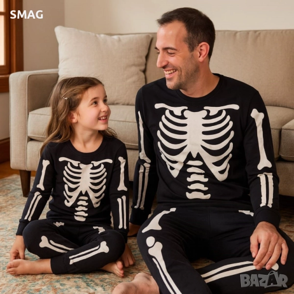 Halloween / Хелоуин пижама от памук с череп и скелет, черно и бяло_1242302, снимка 1
