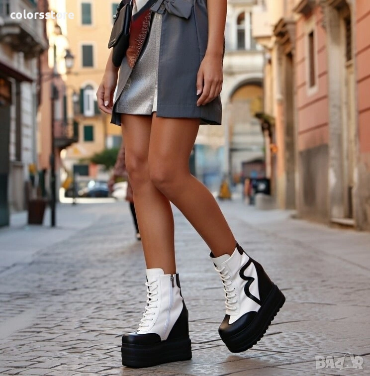 Боти на платформа - черно с бяло кожа - BML77 , снимка 1