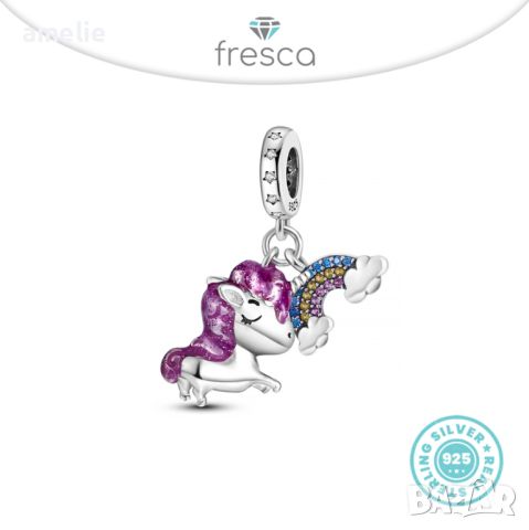 Намаление -20%! Талисман Fresca по модел тип Pandora Пандора сребро 925 Purple Rainbow Unicorn, снимка 1 - Гривни - 42381168