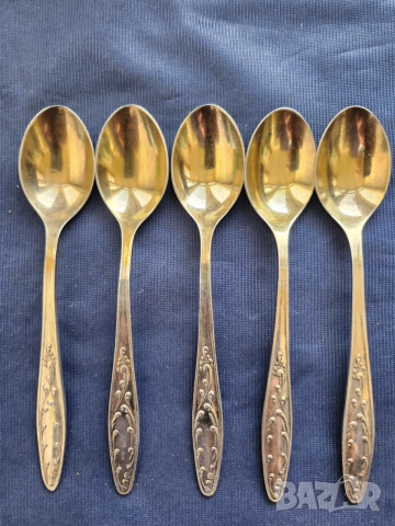 комплект 6 лъжички от мелхиор, модел "Пламя", посребрени/позлатени, нови + 5 броя - също нови, СССР, снимка 5 - Прибори за хранене, готвене и сервиране - 51078706