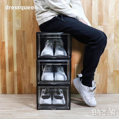 4953 Премиум черна кутия за маратонки до номер 46 – Магнитно затваряне и прозрачен панел, снимка 5 - Други стоки за дома - 53929379