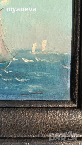 Стара картина , морски пейзаж с маслени бои върху платно в дървена рамка. , снимка 4 - Картини - 53879972