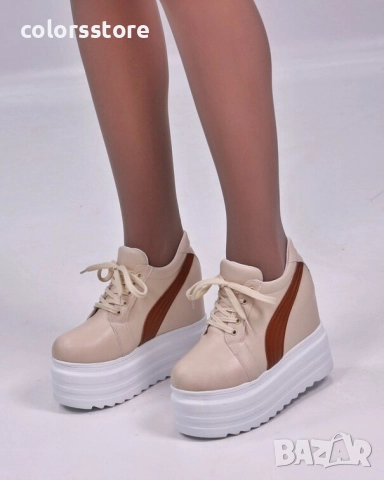 Кецове на платформа - бежови с кафява лента - SJN56

