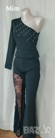 L Еластичен черен гащеризон с бели перли , снимка 3 - Гащеризони - 51875120