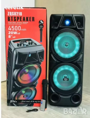 % Нова ZQS 8210 2х8 120W 6500mah 2 микрофона ПРЕНОСИМА КАРАОКЕ КОЛОНА От вносител 12 месеца гаранци, снимка 8 - Тонколони - 53165296