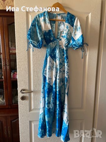 Нова елегантна дълга буфан ръкав синя рокля флорален десен Asos буфан ръкав кройката е тип русалка