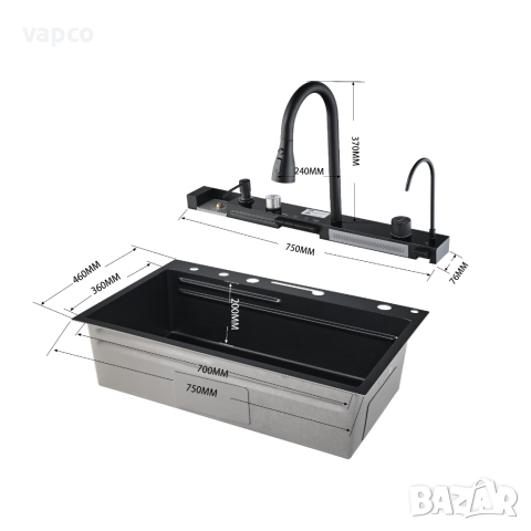 Черна мултифункционална кухненска мивка с двоен водопад , снимка 12 - Мивки - 52127972