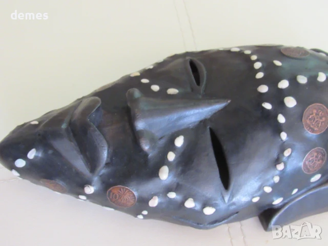 Африканска маска с медни инкрустации-голяма, снимка 8 - Антикварни и старинни предмети - 50887562