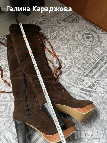 Високи кафяви велурени ботуши с връзки и цип 38 номер, снимка 4 - Дамски ботуши - 54082938