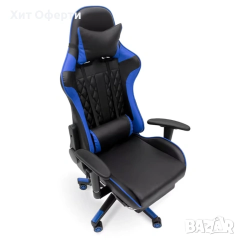 Геймърски стол за релакс с масаж и подложка за крака – син, снимка 3 - Столове - 53249572