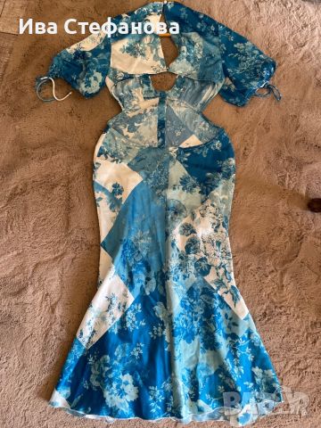 🤩 елегантна тип русалка дълга буфан ръкав синя рокля флорален десен Asos буфан ръкав , снимка 5 - Рокли - 45286933
