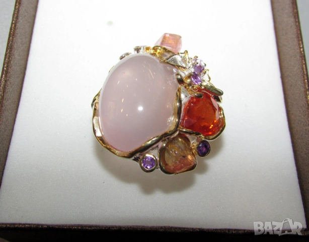 925 Сребърен пръстен с розав кварц 32 карата интересен, снимка 3 - Пръстени - 54053707