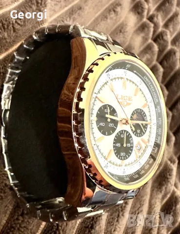 Мъжки класически, луксозен хронограф LIGE *Елегант* Аристократично златист металик !, снимка 9 - Мъжки - 49621415