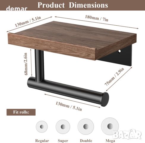 Tindbea Дървен рафт с държач за тоалетна хартия за баня, матово черна неръждаема стомана, орех, снимка 6 - Други - 46432369