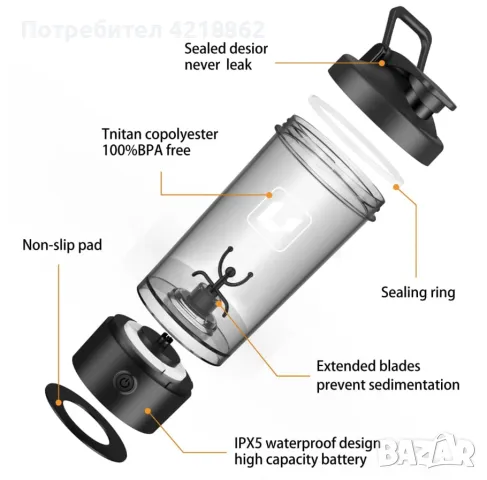 Премиум електрически шейкър, 650 мл, снимка 3 - Спортна екипировка - 47077866