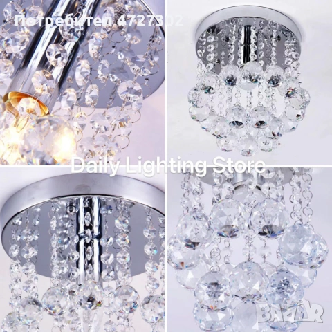 Модерен таванен полилей с големи кристални сфери и основа в сребристо, снимка 4 - Полилеи - 53392996