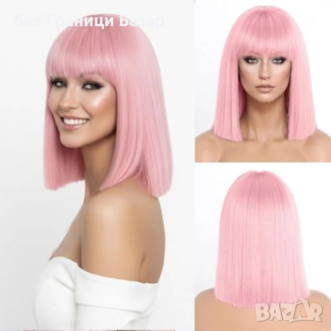 Нова Къса розова перука с бретон за аниме Хелоуин ежедневие Коса жени, снимка 8 - Аксесоари за коса - 52248125