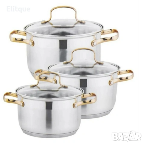 Луксозен комплект тенджери с неръждаема стомана и златисти дръжки – перфектният избор за всяка кухня, снимка 3 - Съдове за готвене - 53060095