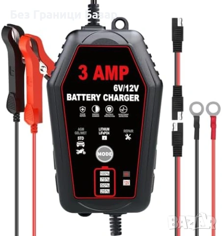Ново Зарядно за акумулатор 6V/12V 3A LiFePO4 AGM GEL EFB интелигентно за кола мотор лодка ATV