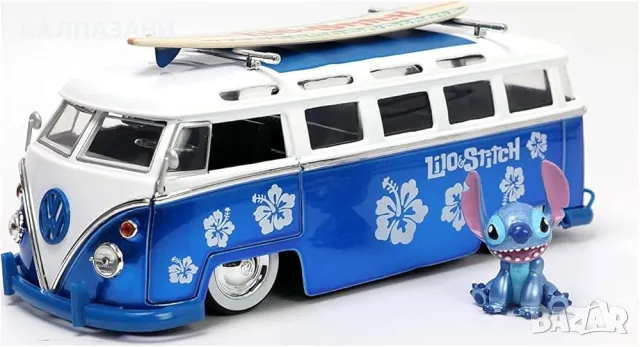 Метален Бус Disney Lilo & Stitch Volkswagen T1 Bus Van & Stitch с фигурка Jada Toys 1/24 - 253075000, снимка 2 - Коли, камиони, мотори, писти - 49057350