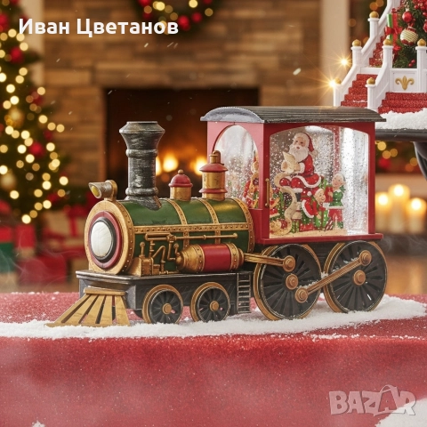 Коледна декоративна композиция „Влакът на Дядо Коледа“ с LED светлина, вода и брокат