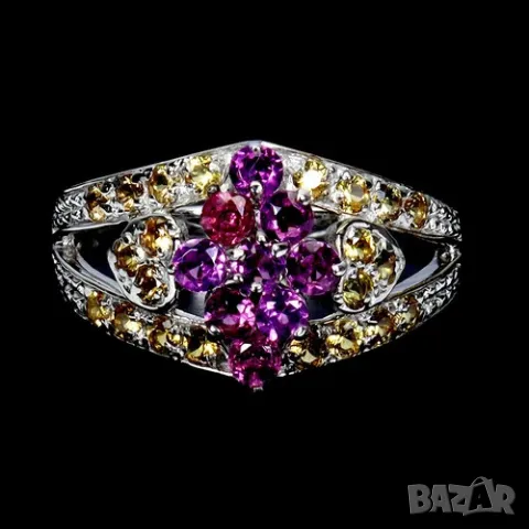 925 сребърен пръстен с родолит гранат и жълт сапфир подходящ за подарък, снимка 1