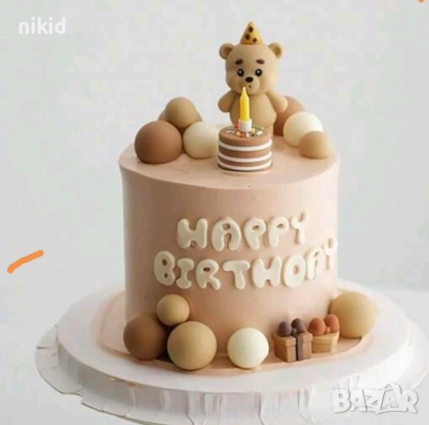 Мече с парти шапка пластмасова фигурка украса за торта рожден ден топер