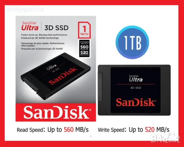 1TB SanDisk Ultra 3D NAND SSD диск за лаптоп или настолен 98% здраве 26TB записи, 1000GB гб ГБ gb, снимка 1 - Твърди дискове - 47179632