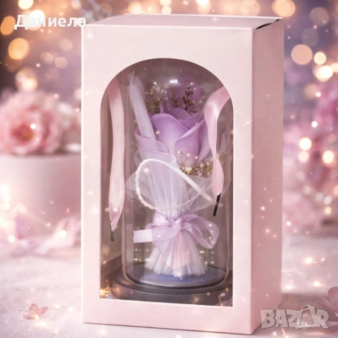 Декоративна роза в стъклен купол - В подаръчна кутия, снимка 4 - Други стоки за дома - 53049091